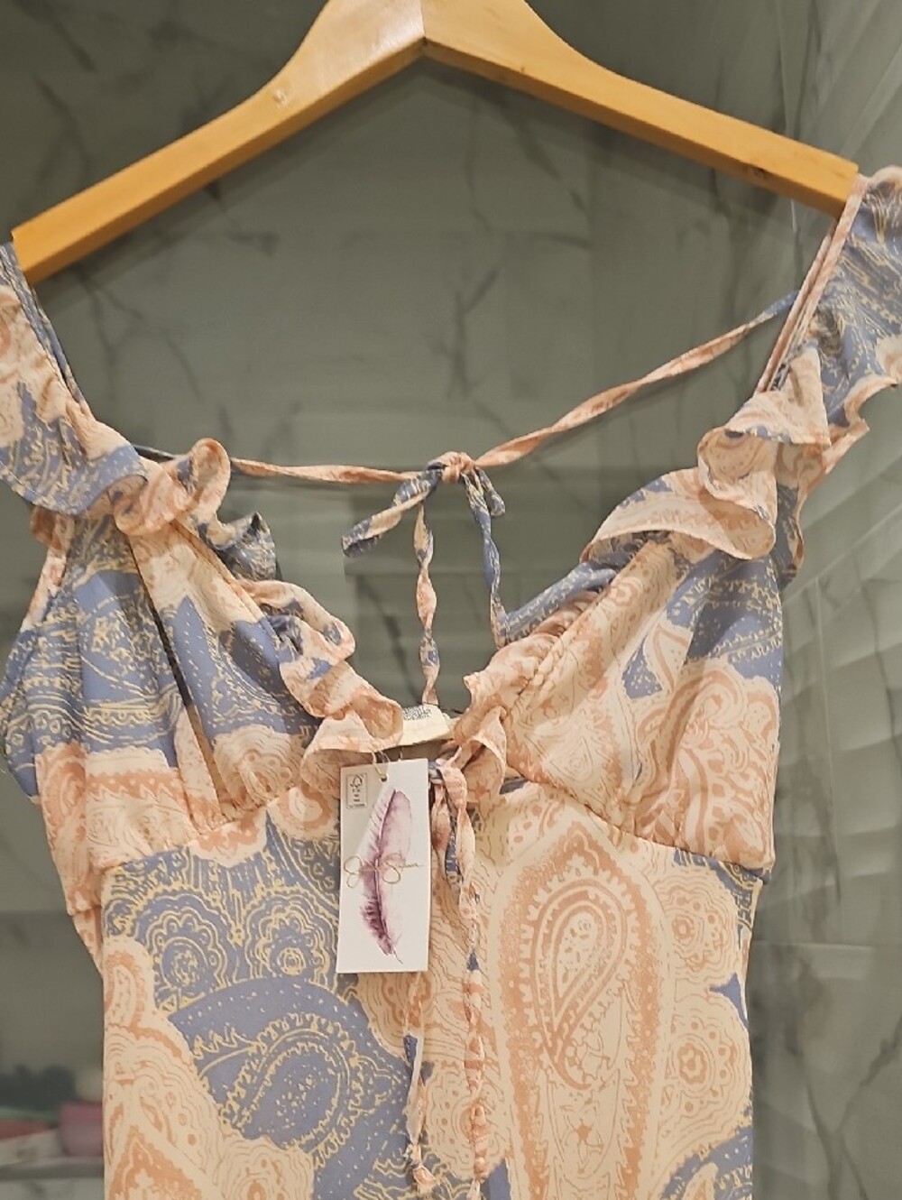 Jessica Simpson Beige and Blue Paisley Ruffle-Strap Maxi Dress - Picture 2 of 5